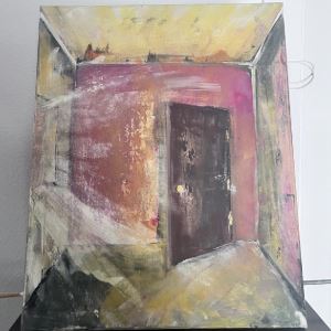 Abstract painting of a brown door with yellow ceilings and pink walls.