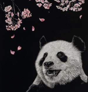 Painting of a panda on a black background looking up at falling cherry blossoms.