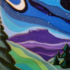 Painting of a mountain butte with fire trees in the foreground and a colorful night sky above.