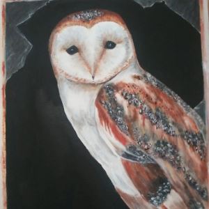 Painting of a barn owl looking through a broken pane of glass