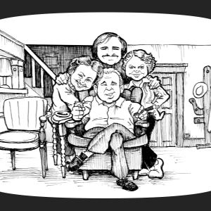 Black and white ink drawing of the cast of All in the Family in caricature. 
