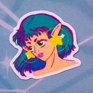 Sticker of a young woman with star earrings in a pop art style. 