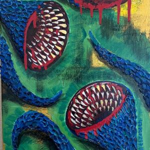 Painting of plant creatures with big mouths with lots of teeth. 